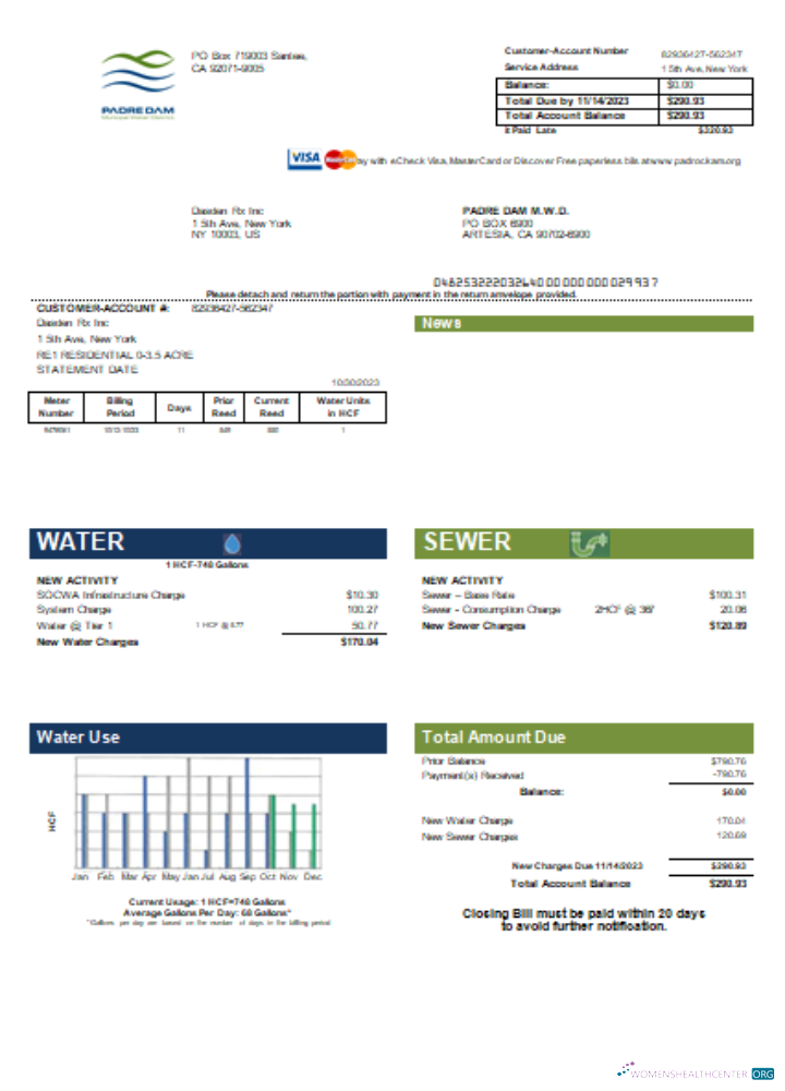 Download Padre Dam Municipal Water District utility business bill, SCR Photoshop template